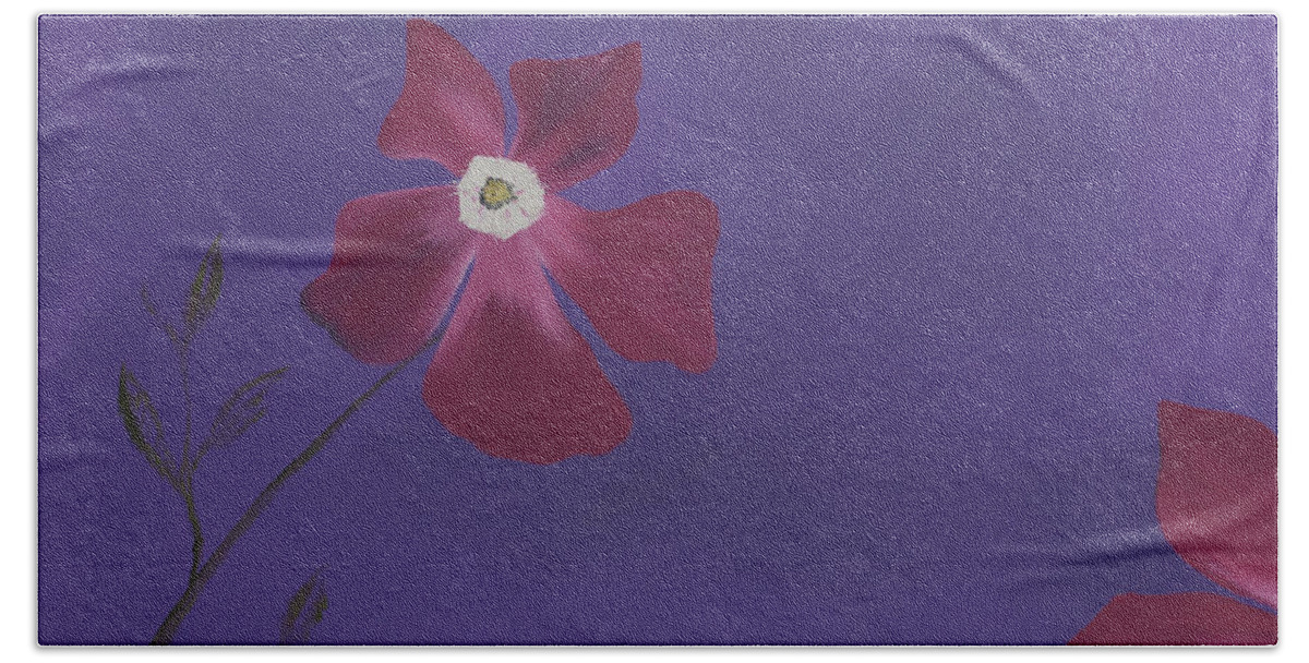Fine Art Beach Towel featuring the painting Magenta Flower on Plum Background by Stephen Daddona