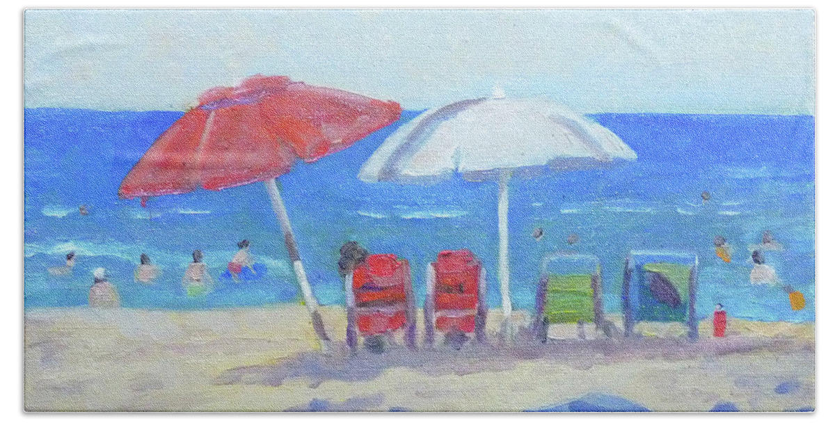 Plein Air Beach Towel featuring the painting Magic Sands Umbrellas by Stan Chraminski