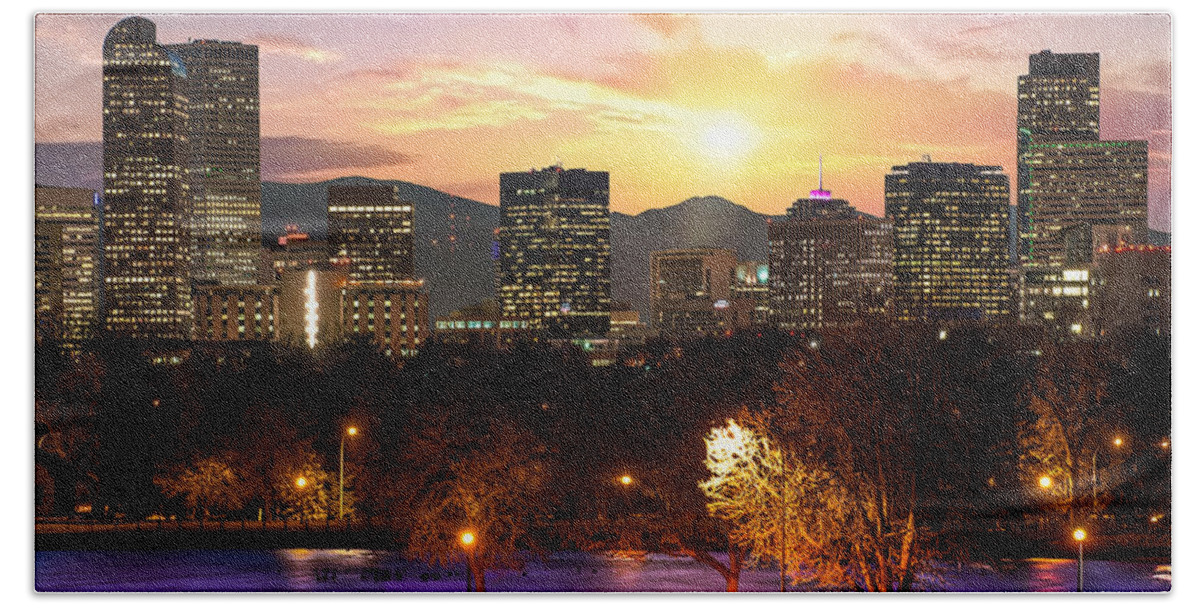 America Beach Towel featuring the photograph Magical Mountain Sunset - Denver Colorado Downtown Skyline by Gregory Ballos