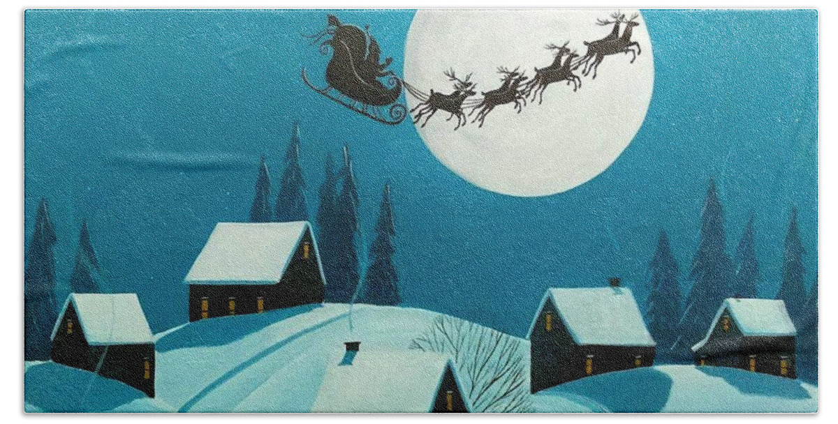 Art Beach Towel featuring the painting Magical Night - Santa reindeer Christmas landscape by Debbie Criswell