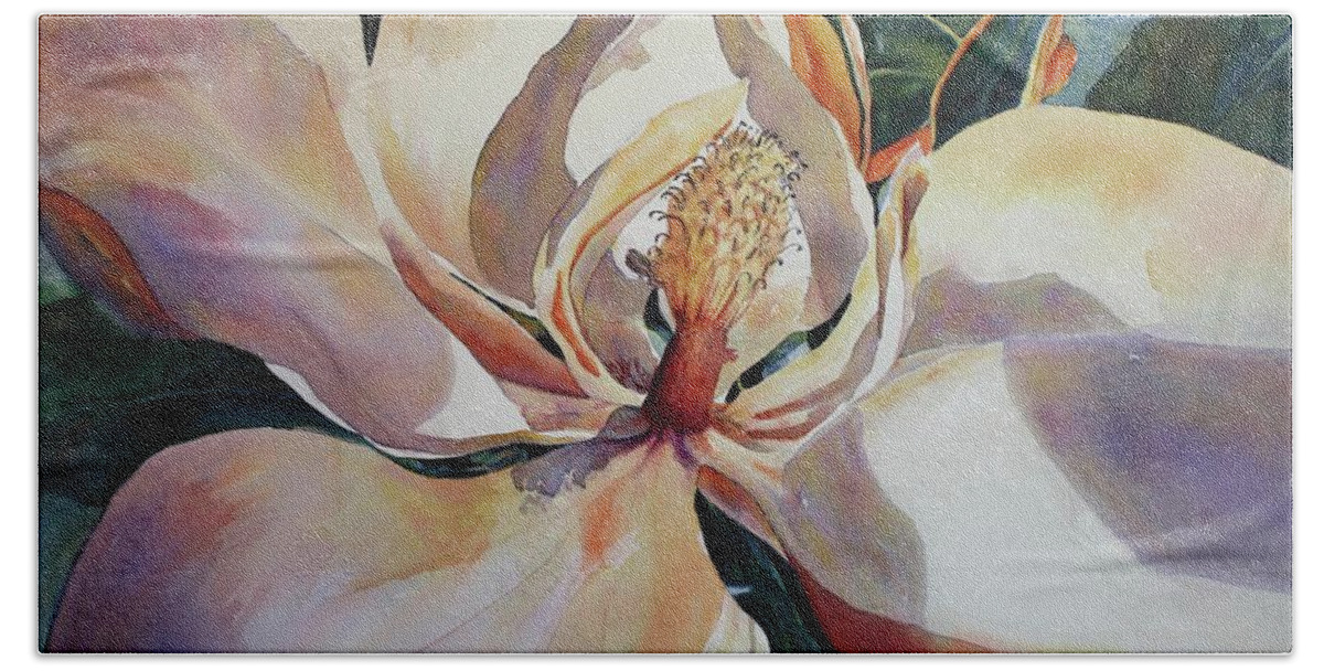 Magnolia Beach Towel featuring the painting Magnolia, Golden Glow by Roxanne Tobaison