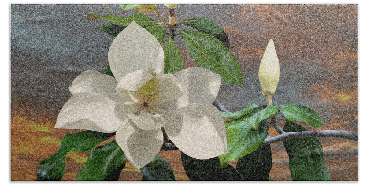 Flower Beach Sheet featuring the digital art Magnolia Sunset by M Spadecaller