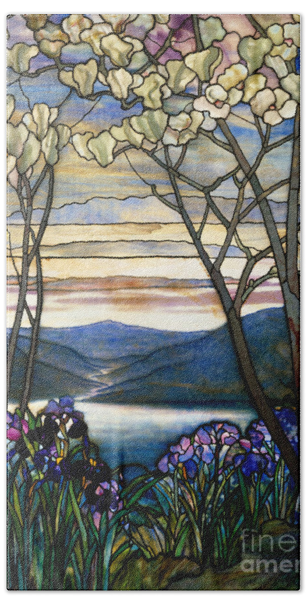Magnolia Beach Towel featuring the glass art Magnolias and Irises by Louis Comfort Tiffany