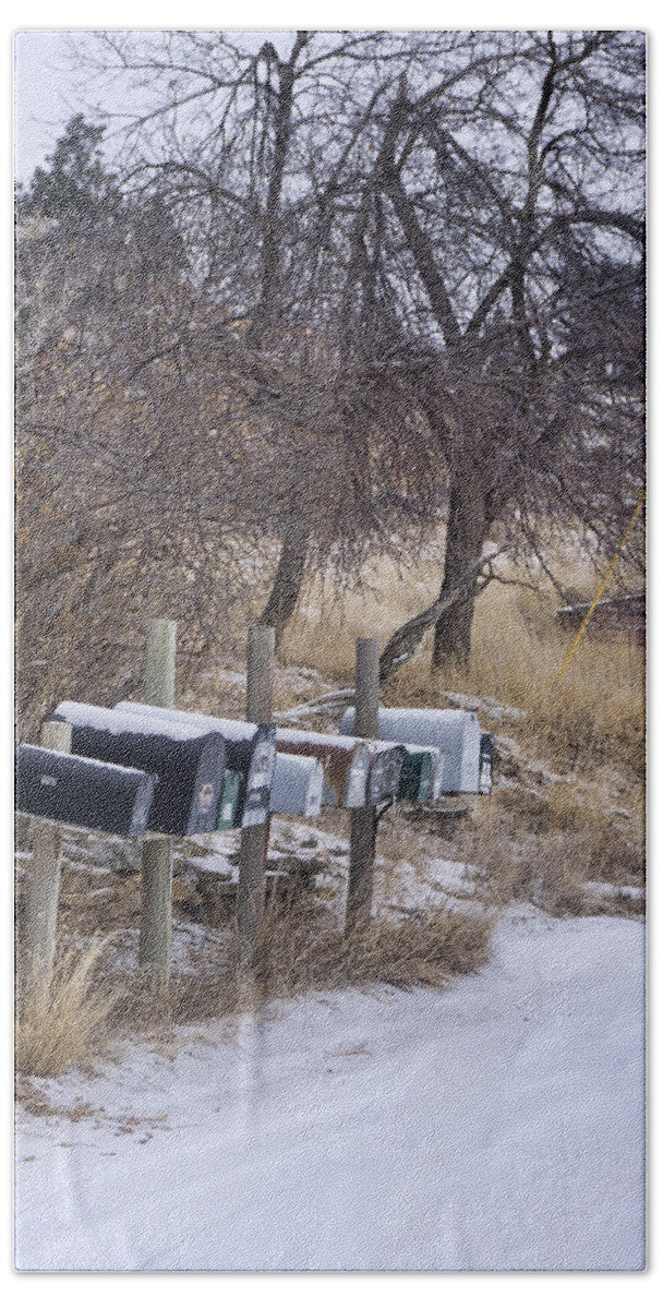Winter Beach Towel featuring the photograph Mailboxes in snow by Cathy Anderson
