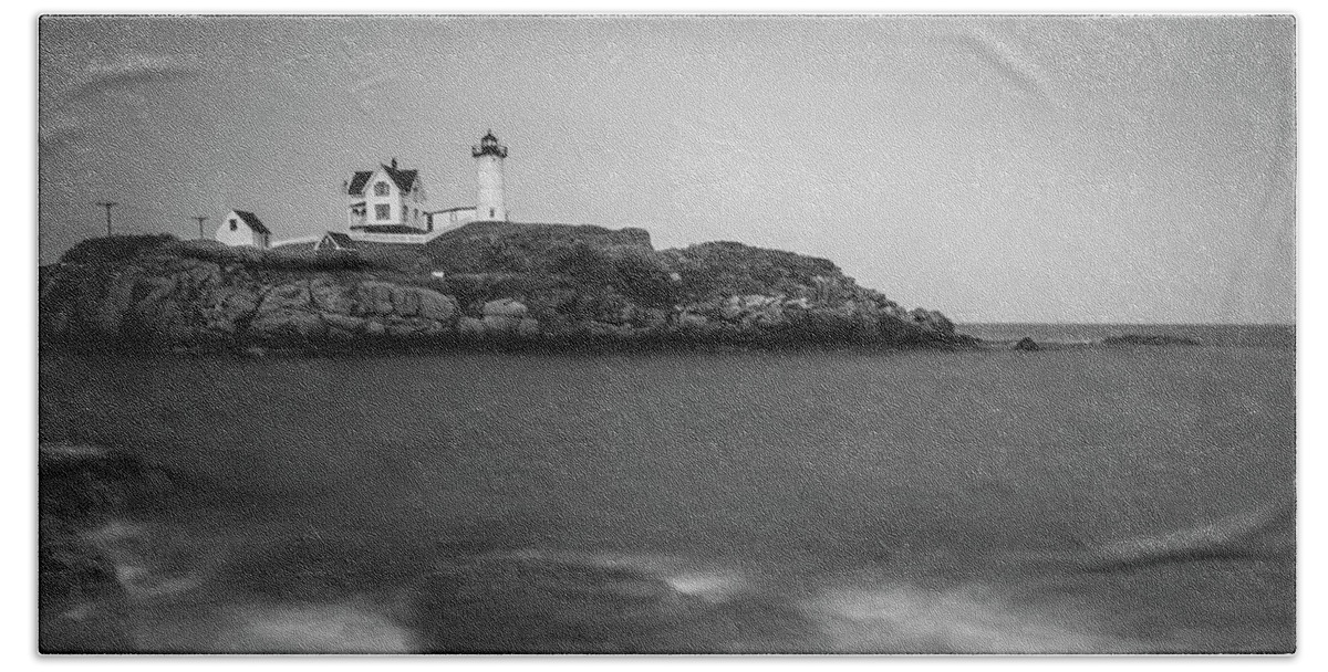 Maine Beach Towel featuring the photograph Maine Nubble Lighthouse and Rocky Shores in BW by Ranjay Mitra