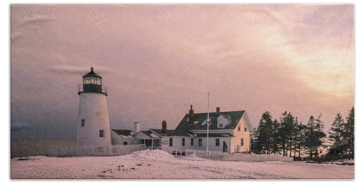 Maine Beach Towel featuring the photograph Maine Pemaquid Lighthouse after Winter Snow Storm by Ranjay Mitra