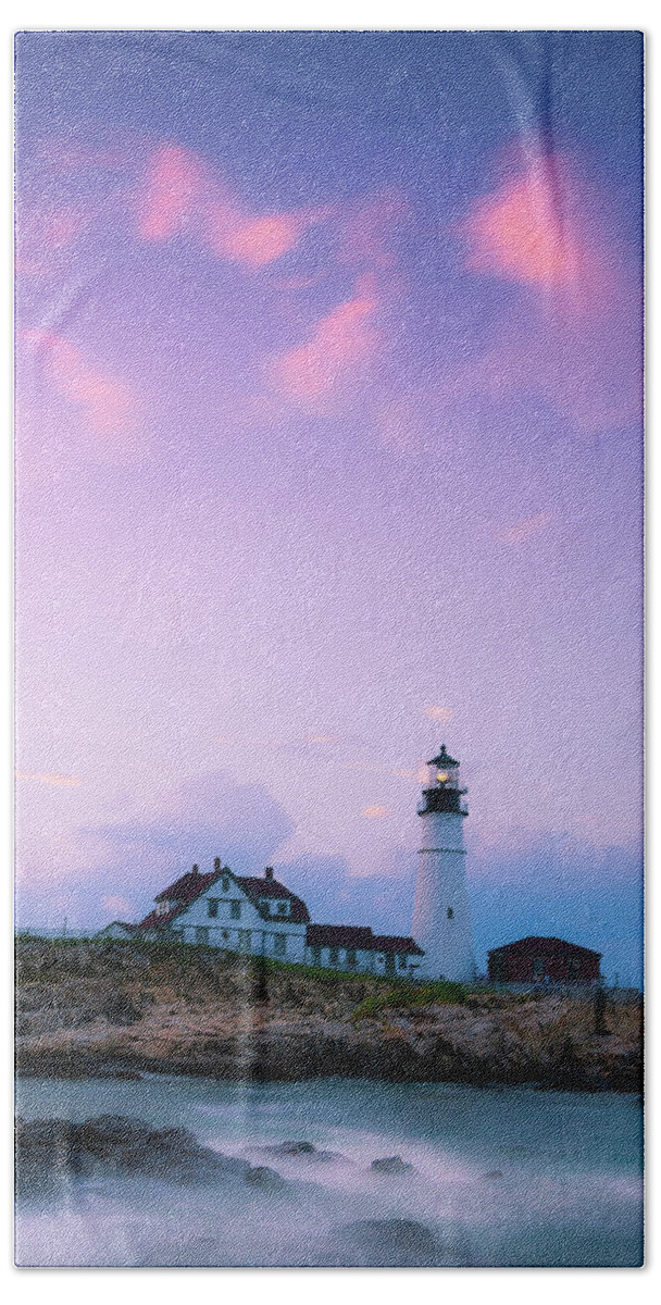Maine Beach Towel featuring the photograph Maine Portland Headlight Lighthouse in Blue Hour by Ranjay Mitra