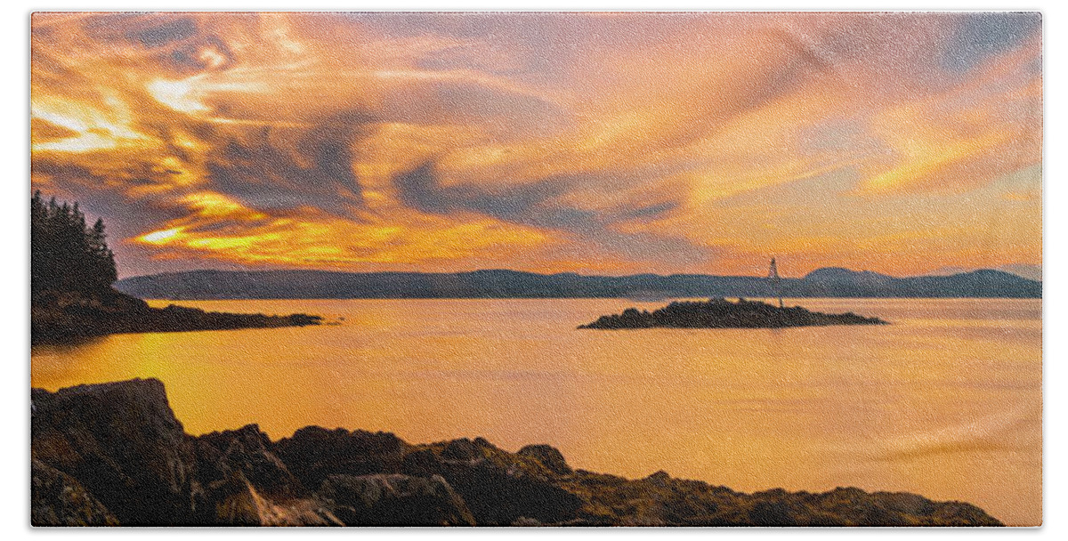Maine Beach Sheet featuring the photograph Maine Rocky Coastal Sunset in Penobscot Bay Panorama by Ranjay Mitra