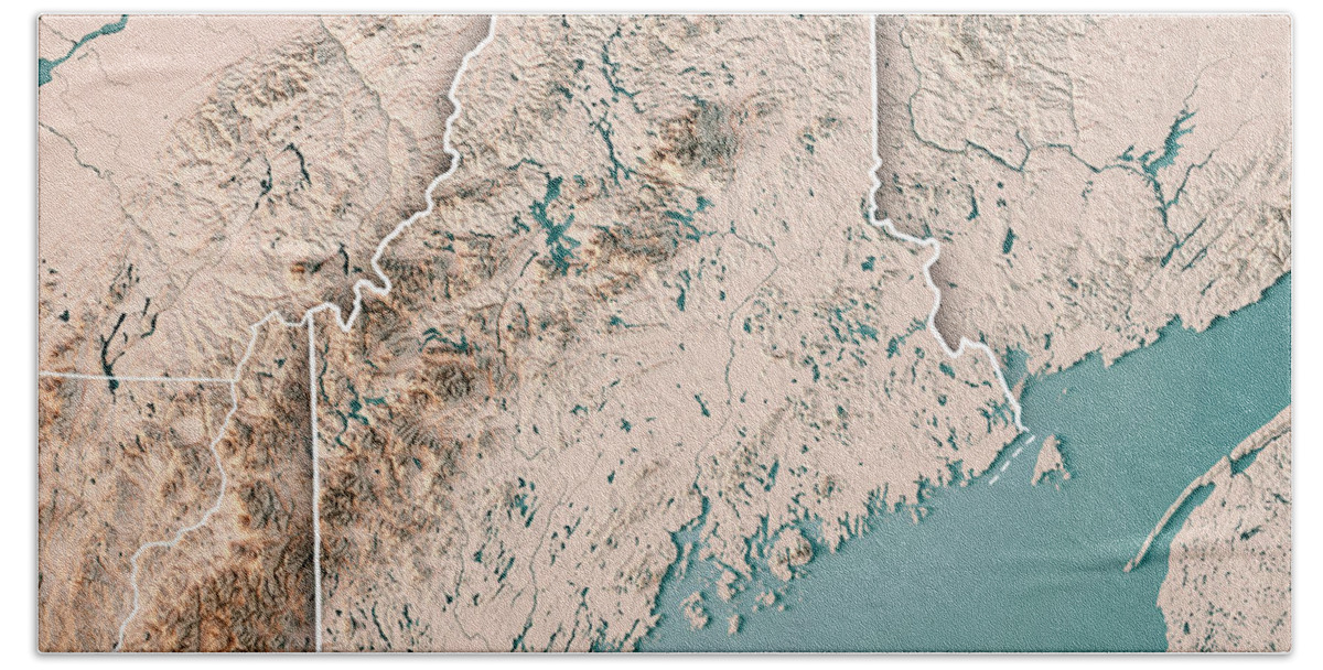 Maine Beach Towel featuring the digital art Maine State USA 3D Render Topographic Map Neutral Border by Frank Ramspott