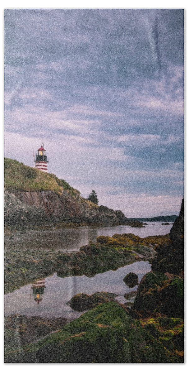 Maine Beach Towel featuring the photograph Maine West Quoddy Head Light Reflection at Sunset by Ranjay Mitra