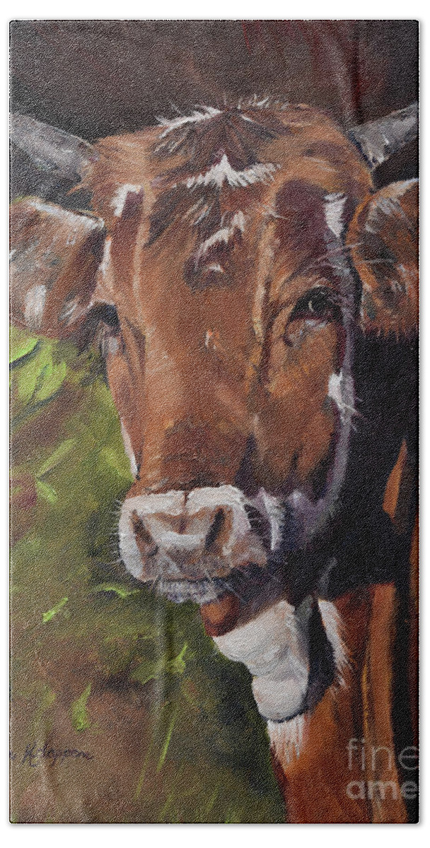 Brown Cow Beach Sheet featuring the painting Maisy the Cow- Brown Cow - Moo by Jan Dappen