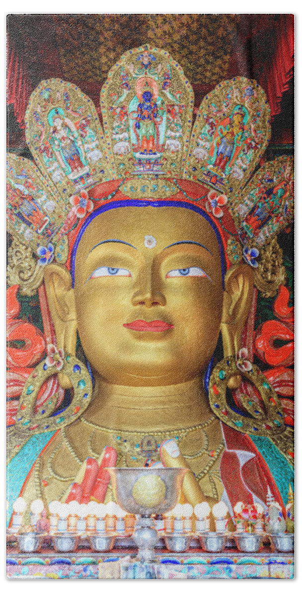 Asia Beach Sheet featuring the photograph Maitreya Buddha statue by Alexey Stiop
