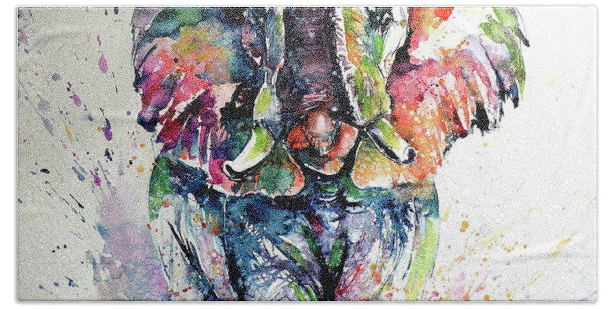 Elephant Beach Towel featuring the painting Majestic elephant playing by Kovacs Anna Brigitta