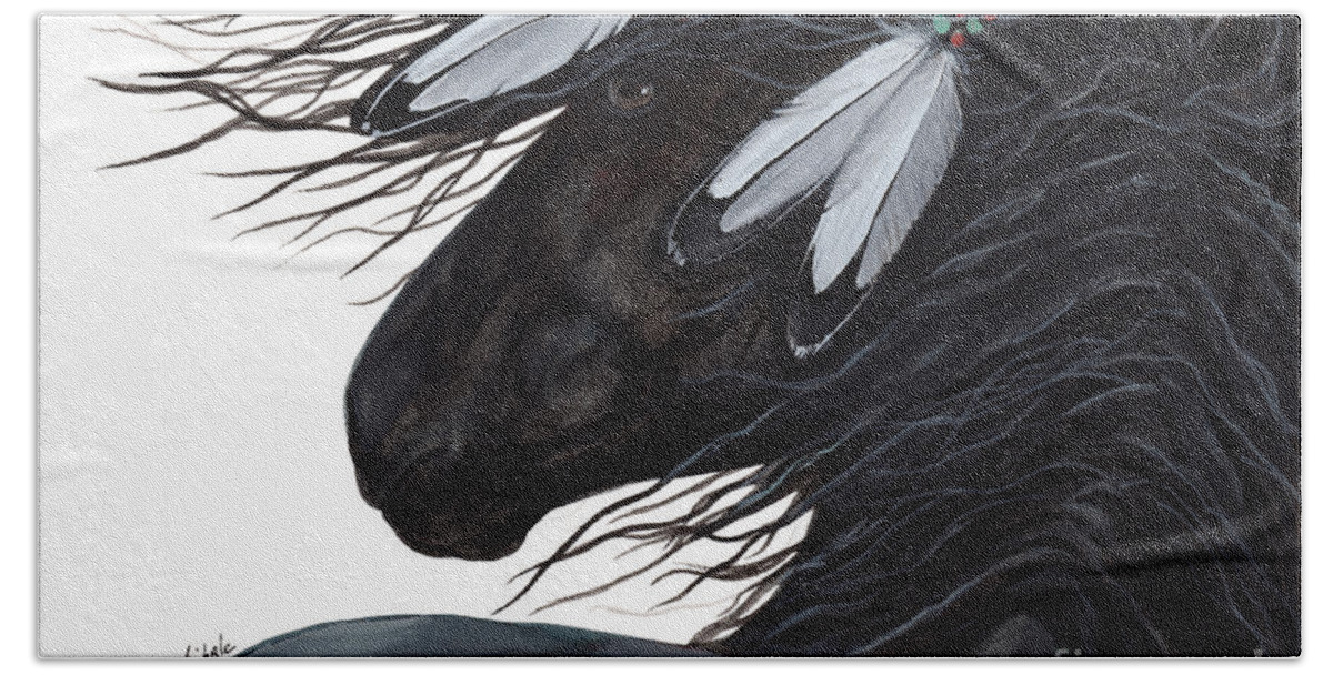 White Feathers Beach Towel featuring the painting Majestic White Feathers Horse 145 by AmyLyn Bihrle