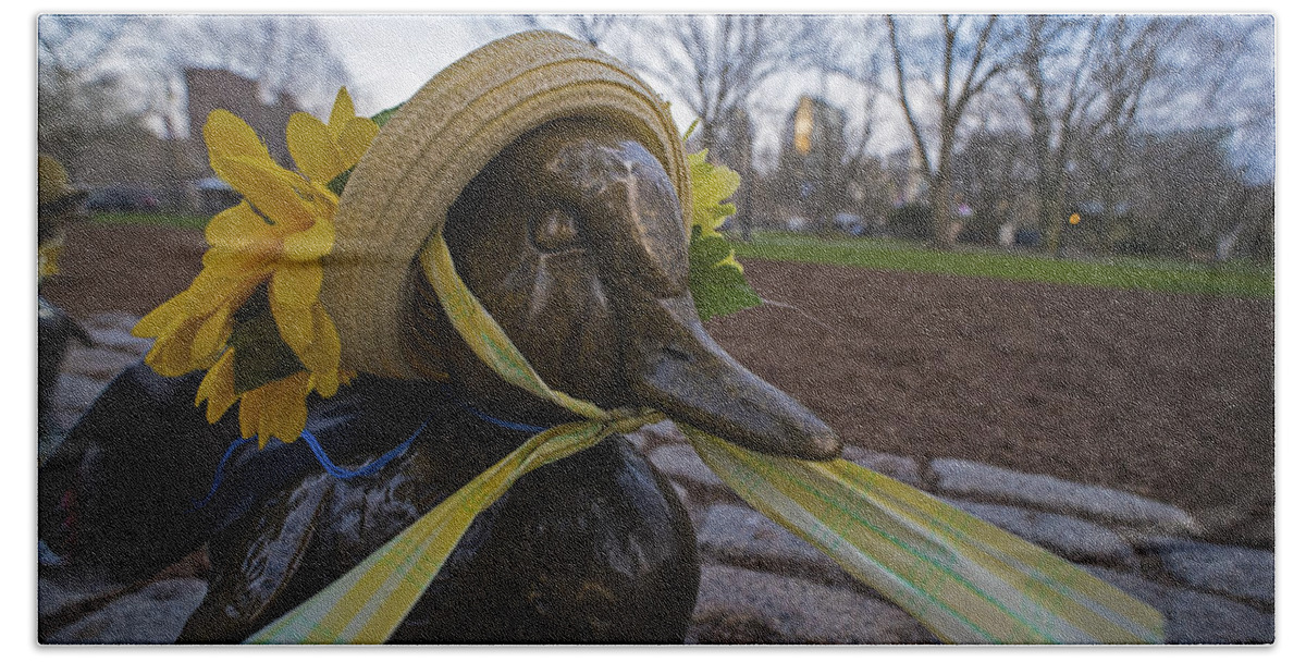 Boston Beach Towel featuring the photograph Make Way For Ducklings B.A.A. 5k Spring Bonnet by Toby McGuire