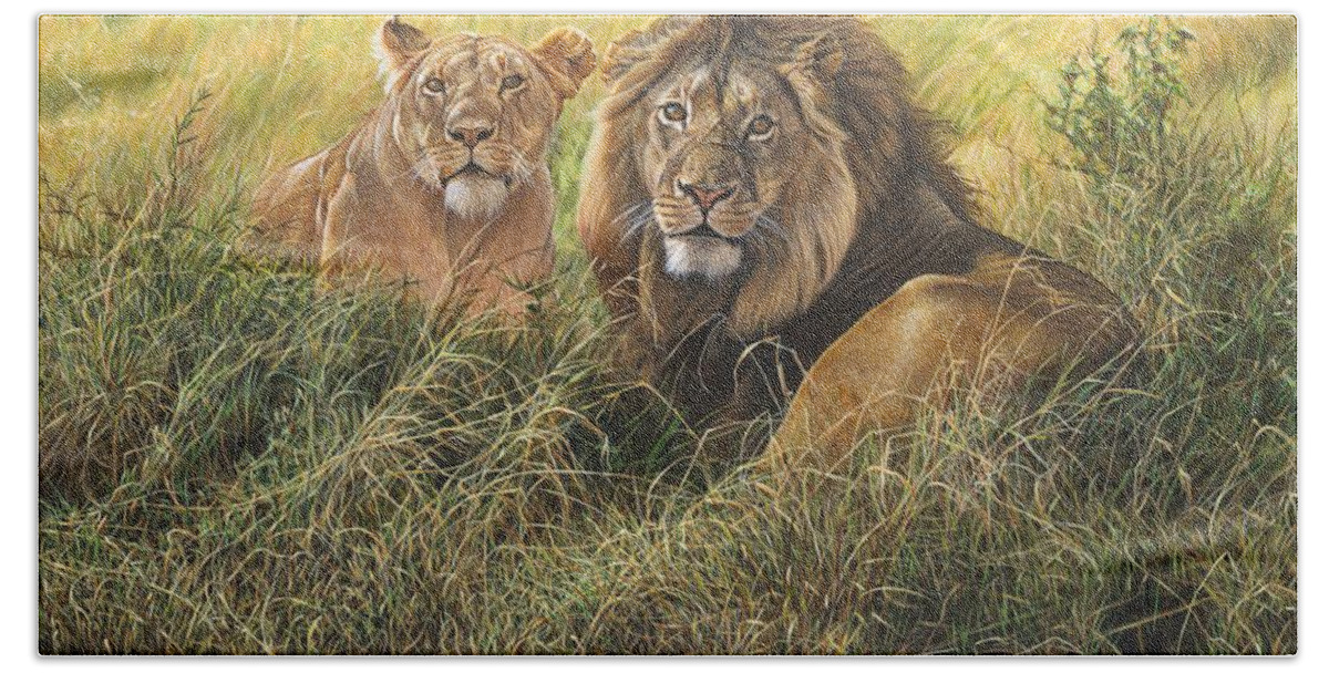 Wildlife Paintings Beach Towel featuring the painting Male and Female Lion by Alan M Hunt
