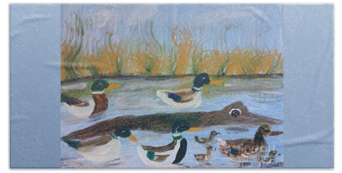 Mallards And Friend Beach Towel featuring the painting Mallards and Friend by Seaux-N-Seau Soileau