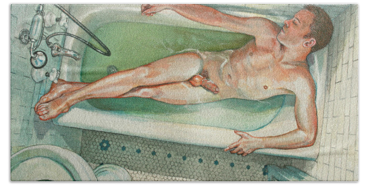 Male Nude Beach Sheet featuring the painting Man in Bathtub #2 by Marc DeBauch
