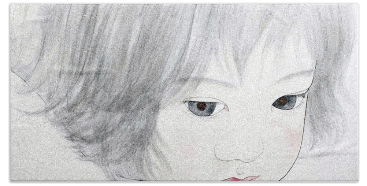 Girl Beach Towel featuring the painting Manazashi or Gazing Eyes by Fumiyo Yoshikawa