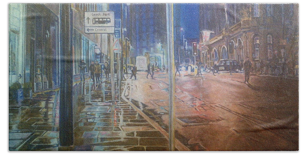 Manchester Night Wet Pavements Light Reflections Buildings People Beach Sheet featuring the painting Manchester At Night by Rosanne Gartner