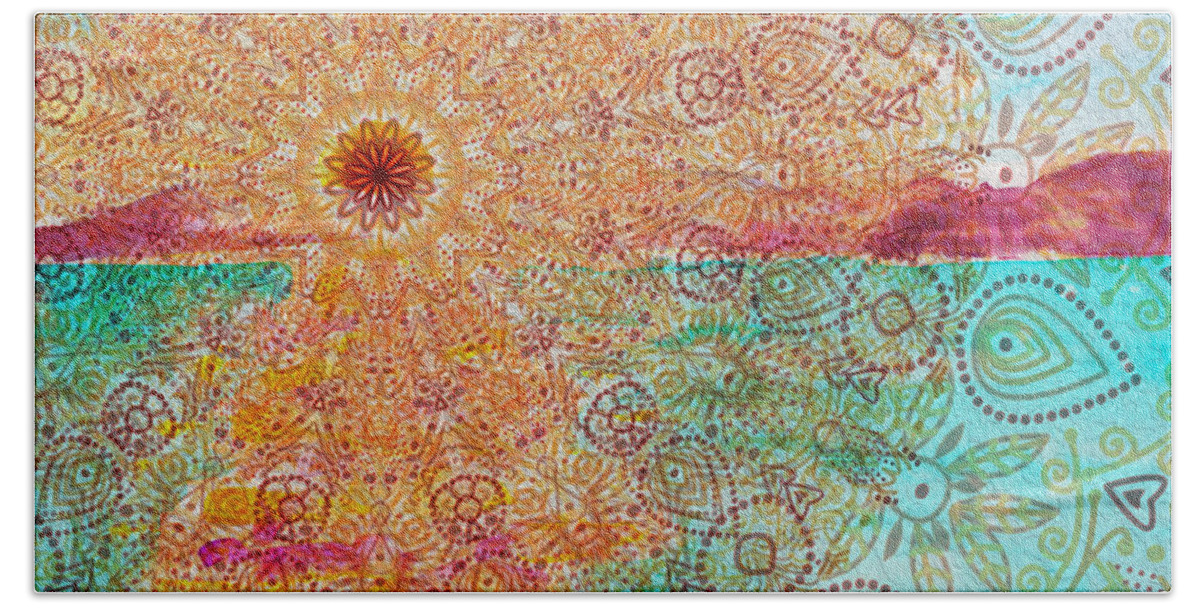 Sunset Beach Towel featuring the digital art Mandala Sets Over The Dunes by Shelley Myers