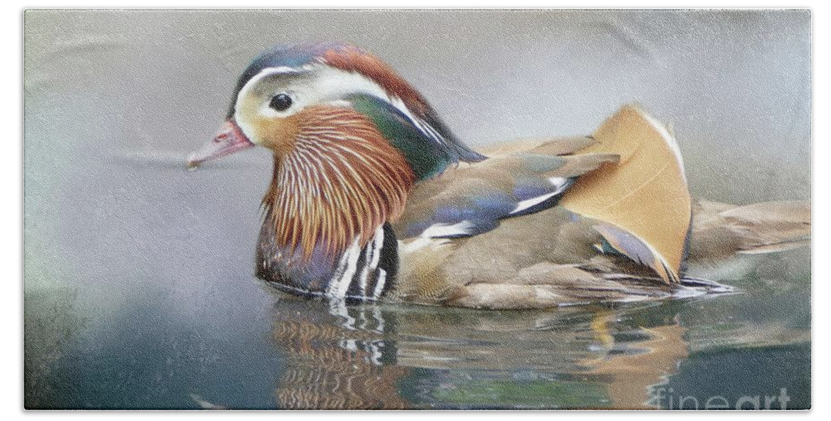 Mandarin Duck Beach Sheet featuring the photograph Mandarin Duck Swimming by Eva Lechner