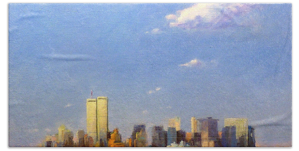 Twin Towers Beach Towel featuring the painting Manhattan and Twin Towers from New York Harbor by Peter Salwen