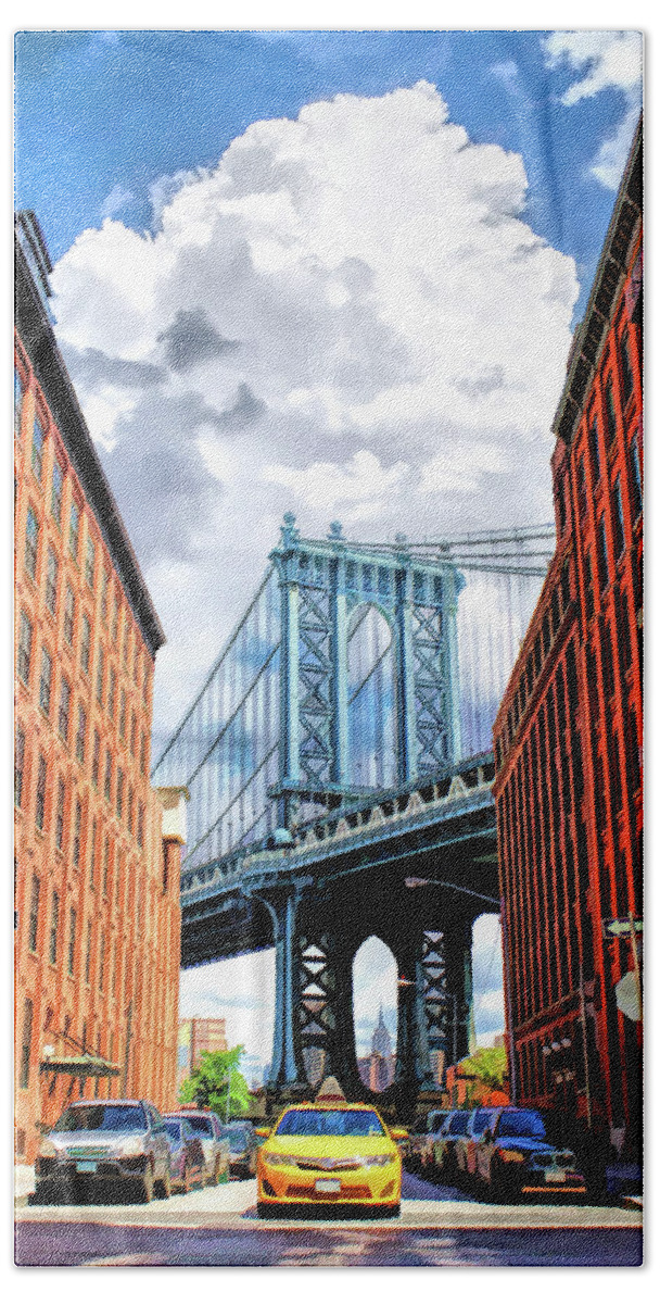 New York Beach Towel featuring the painting Manhattan Bridge New York City by Christopher Arndt