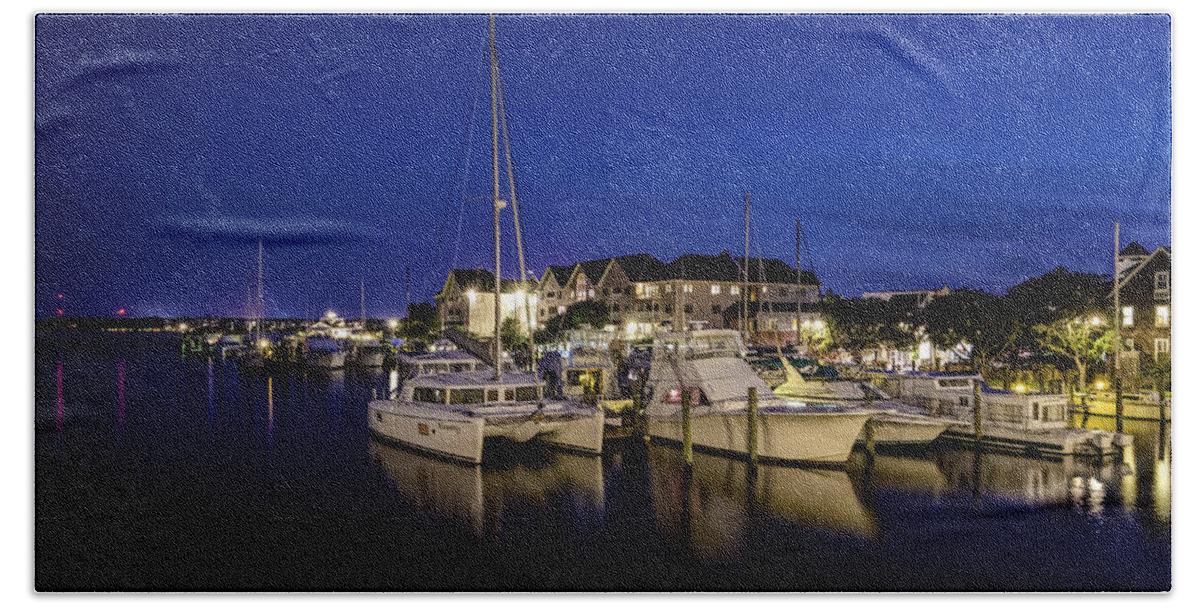Manteo Waterfront Marina Beach Towel featuring the photograph Manteo Waterfront Marina at Night by Greg Reed