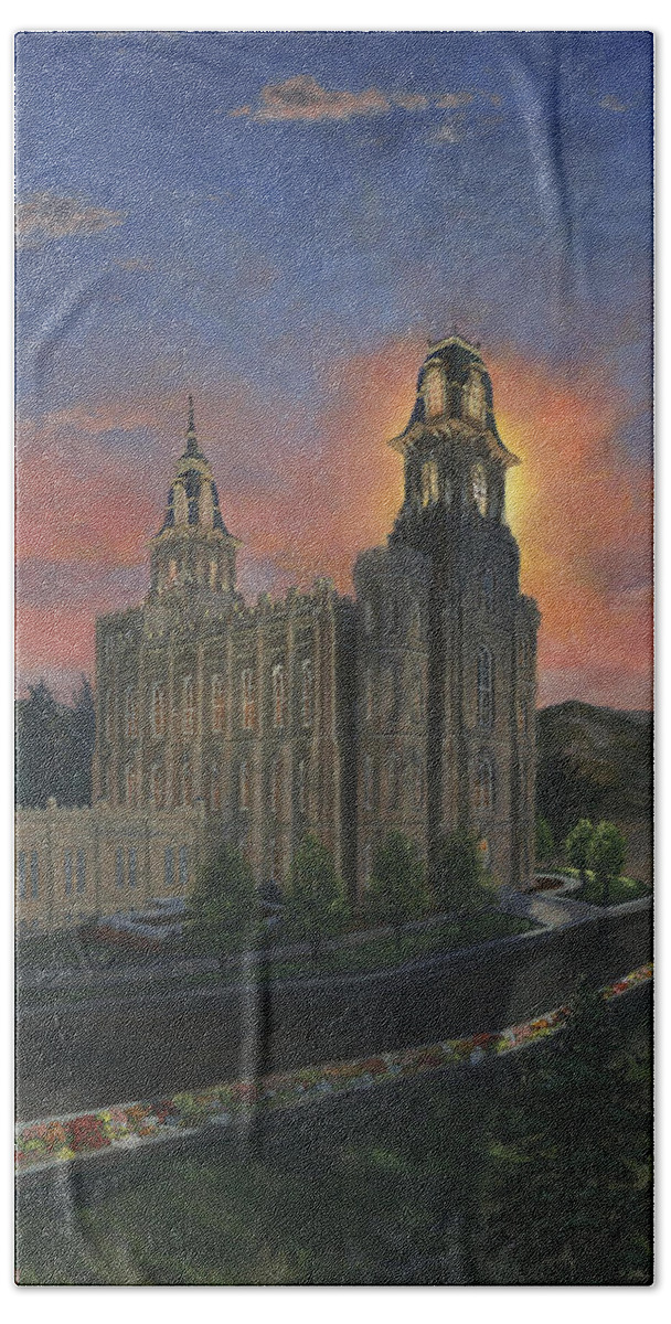 Lds Beach Sheet featuring the painting Manti Sunrise by Jeff Brimley
