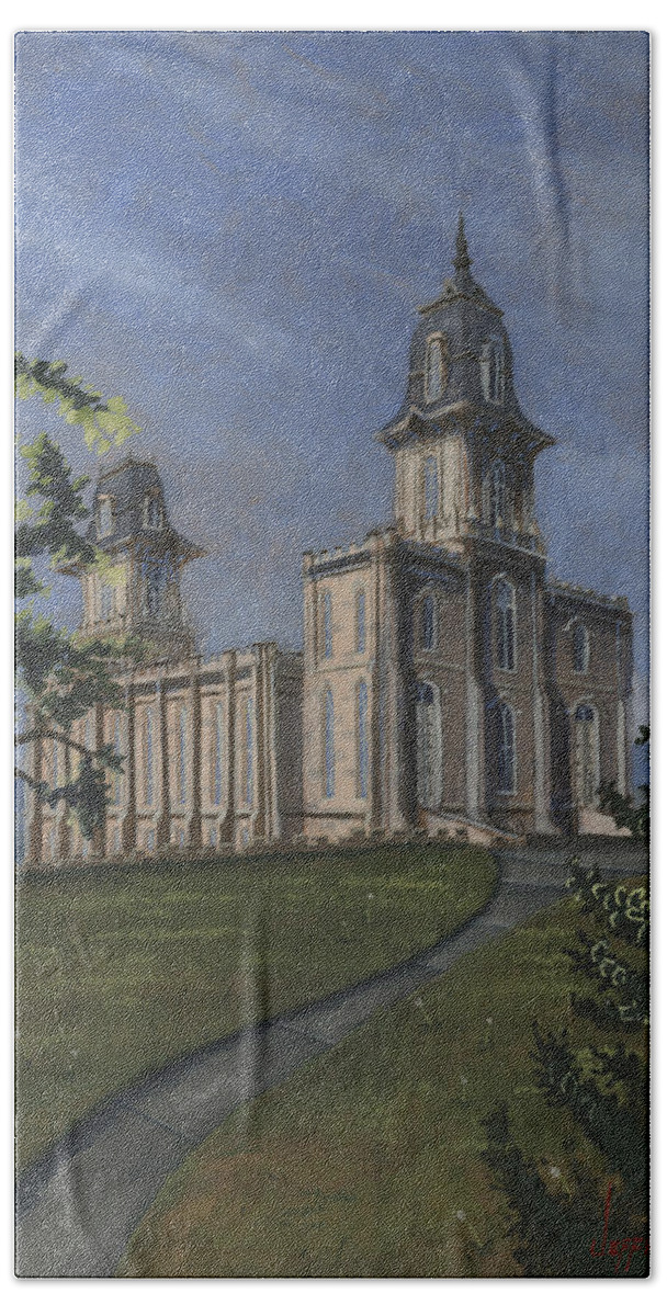 Lds Beach Towel featuring the painting Manti Temple East Doors by Jeff Brimley