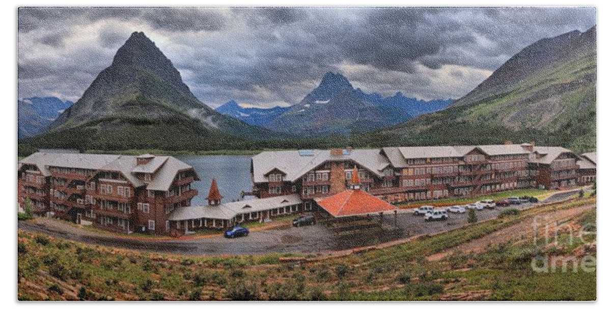 Many Glacier Lodge Panorama Beach Towel featuring the photograph Many Glacier Lodge Storms by Adam Jewell