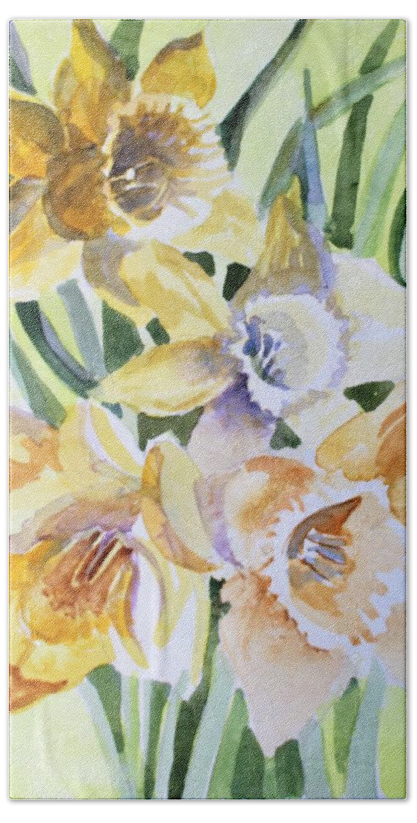 Daffodils Beach Sheet featuring the painting March of Daffodils by Mindy Newman