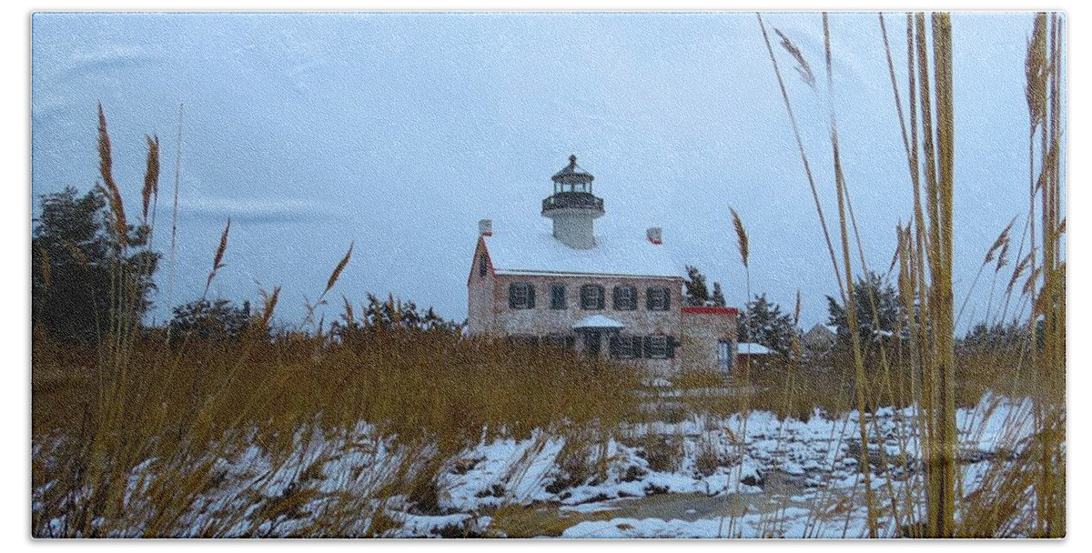 East Point Lighthouse Beach Towel featuring the photograph March Snow at East Point Lighthouse by Nancy Patterson