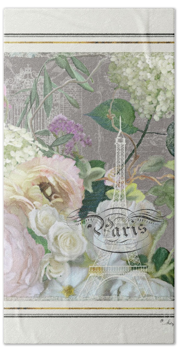 Paris Beach Towel featuring the painting Marche aux Fleurs Vintage Paris Eiffel Tower by Audrey Jeanne Roberts