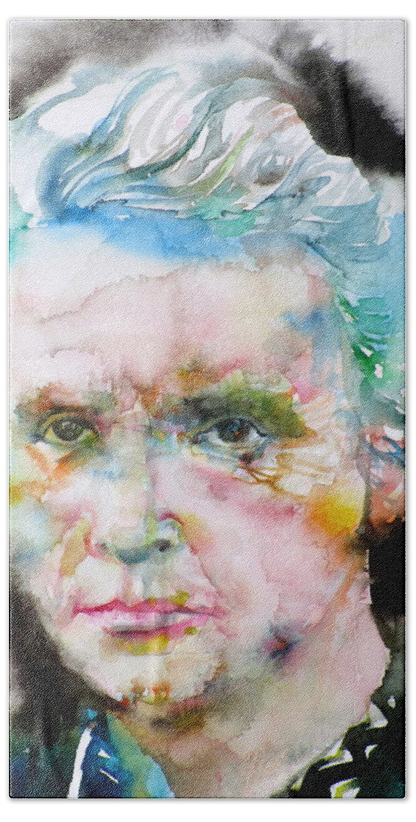Marie Curie Beach Towel featuring the painting MARIE CURIE - watercolor portrait by Fabrizio Cassetta