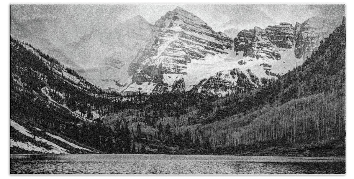 America Beach Towel featuring the photograph Maroon Bells Cloudy Mountain Landscape - Black and White Wall Art by Gregory Ballos