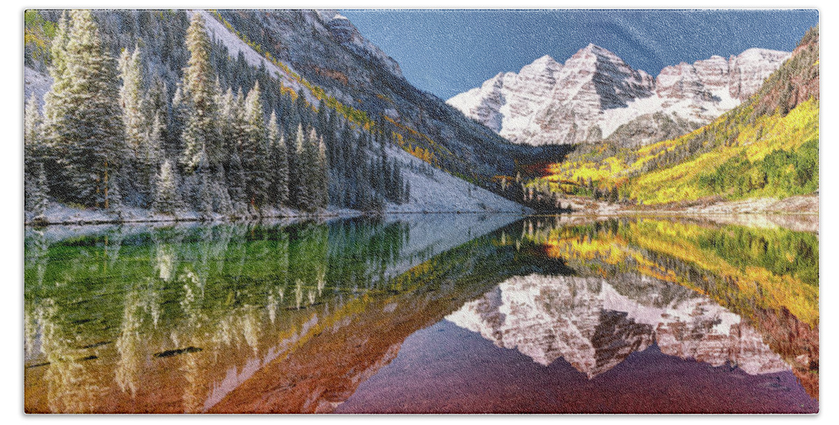 Olena Art Beach Towel featuring the photograph Sunrise at Maroon Bells Lake Autumn Aspen Trees in The Rocky Mountains Near Aspen Colorado by Lena Owens - OLena Art Vibrant Palette Knife and Graphic Design