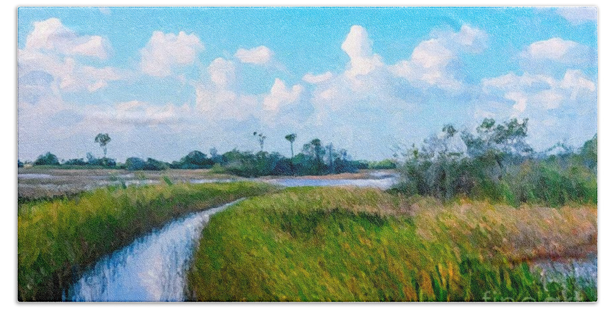 Marsh Beach Towel featuring the painting Marsh Trail by Tammy Lee Bradley