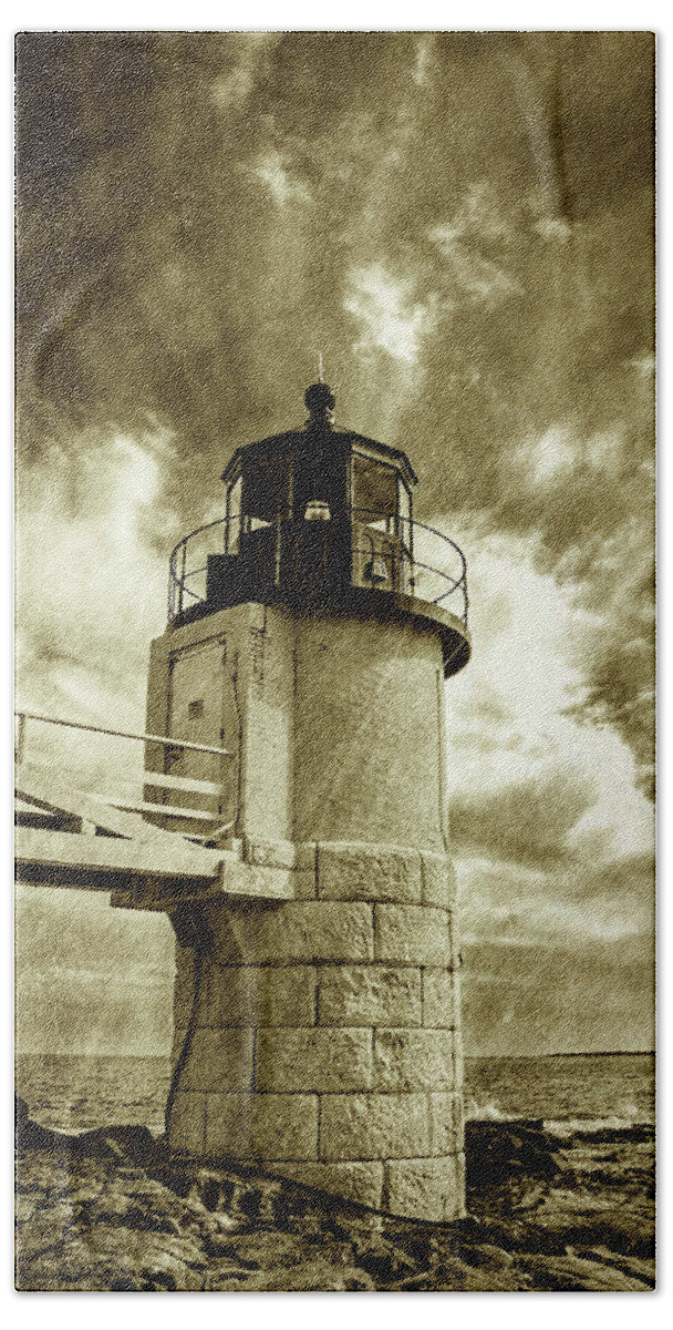 Marshall Point Lighthouse Beach Towel featuring the photograph Marshall Point Lighthouse sepia distessed antique look by David Smith
