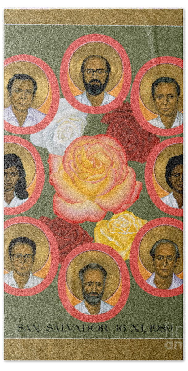 Martyrs Of The Jesuit University Beach Sheet featuring the painting Martyrs of the Jesuit University - RLMJU by Br Robert Lentz OFM