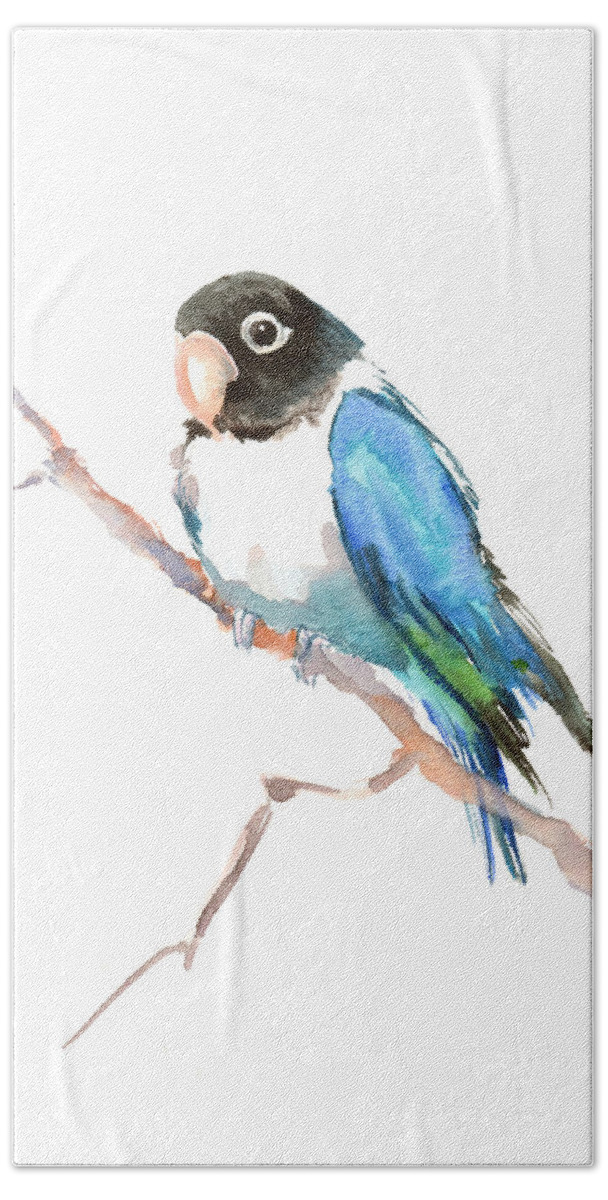 Blue Beach Sheet featuring the painting Masked Lovebird by Suren Nersisyan
