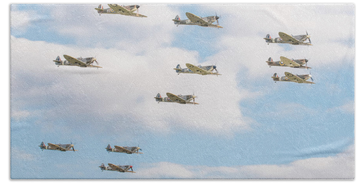 Duxford Battle Of Britain Airshow 2015 Beach Towel featuring the photograph Massed Spitfires by Gary Eason