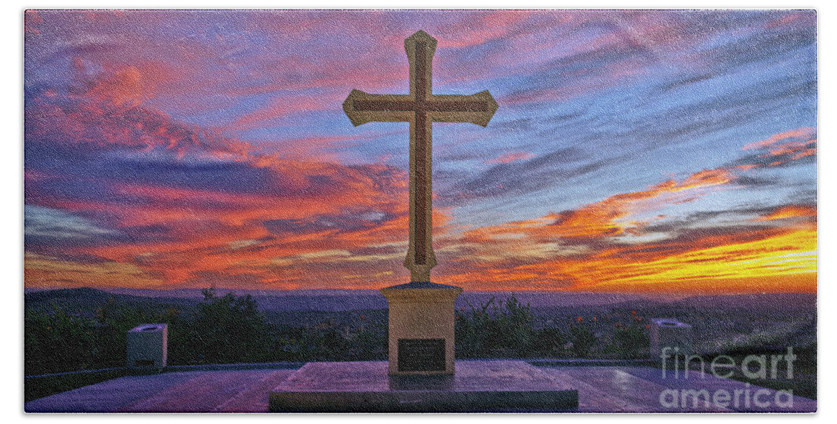 Mater Dei Beach Towel featuring the photograph Christian Cross and Amazing Sunset by Sam Antonio
