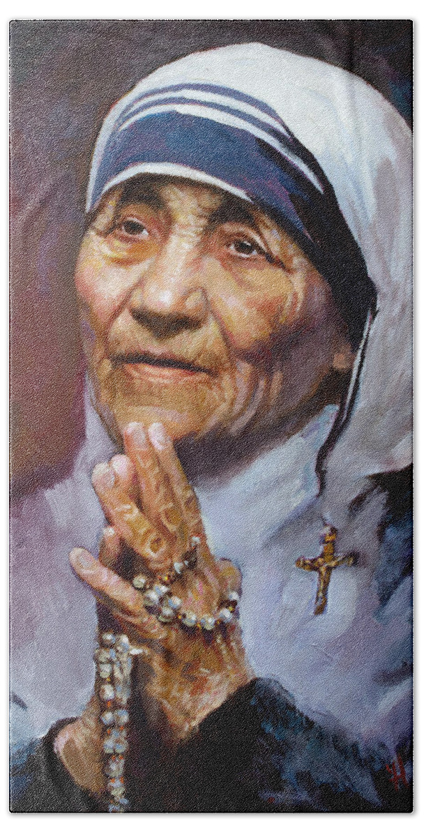 Mother Teresa Artwork Beach Towel featuring the painting Mother Teresa by Ylli Haruni