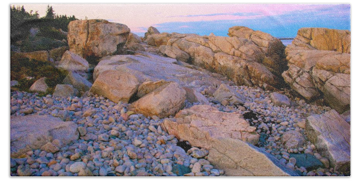 Rocks Beach Towel featuring the photograph Mauve Light on Schoodic Penninsula by Polly Castor