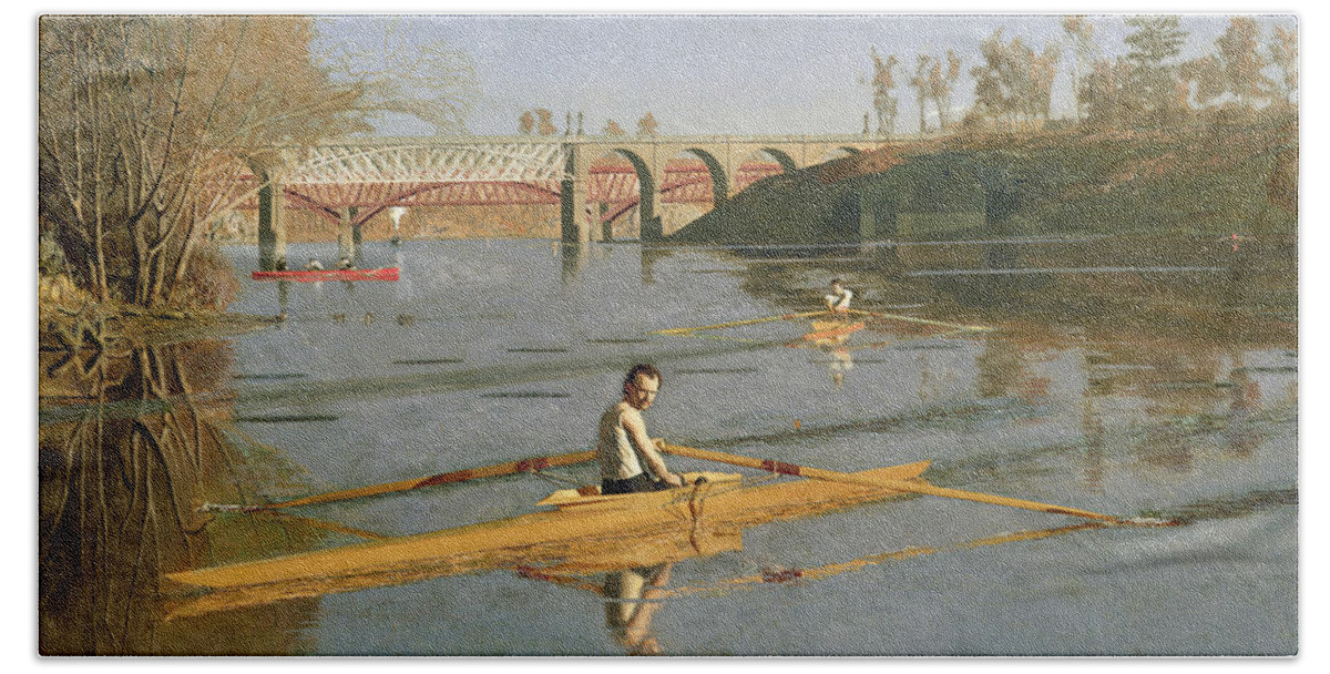 Max Beach Towel featuring the painting Max Schmitt in a Single Scull by Thomas Cowperthwait Eakins