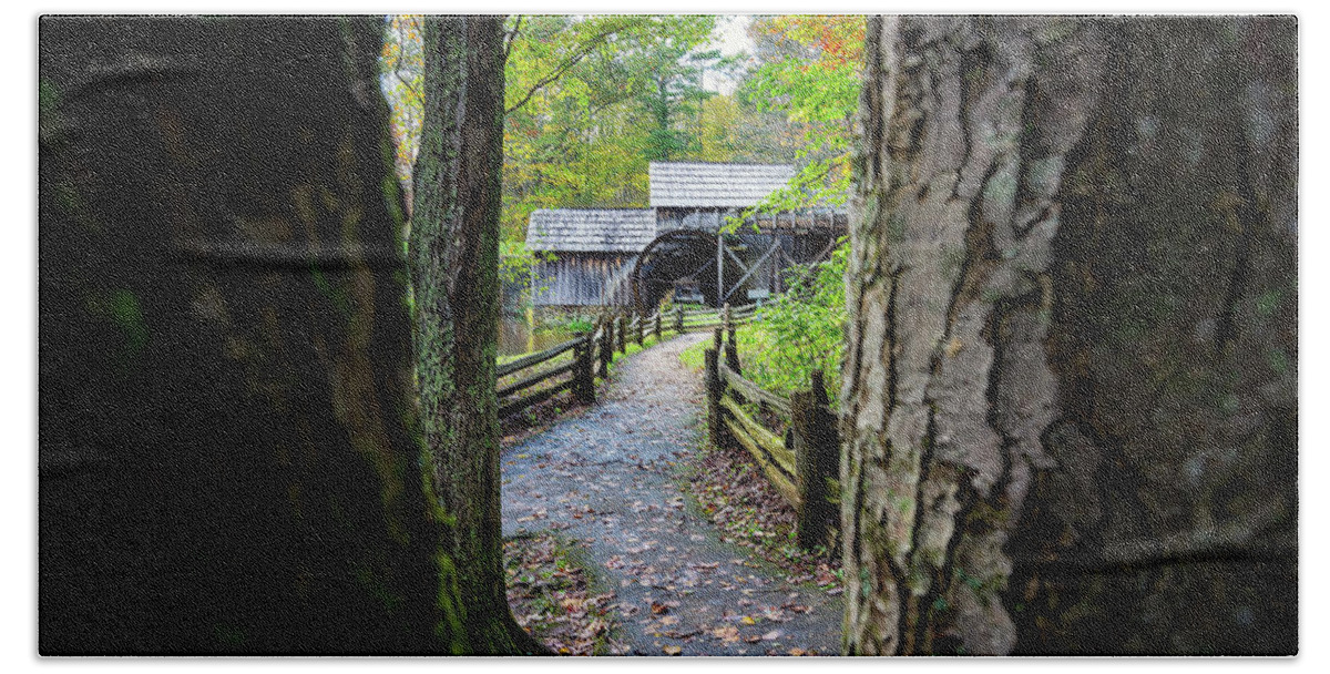 Mabry Mill Beach Towel featuring the photograph Maybry Mill Through the Trees by Steve Hurt