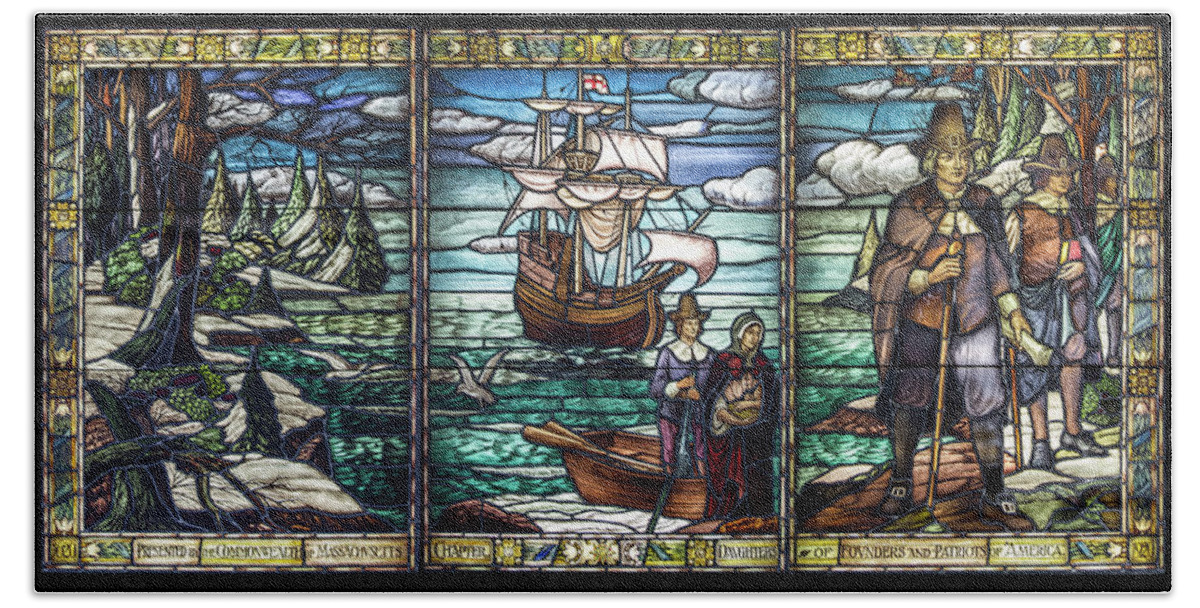 Mayflower Beach Towel featuring the photograph Mayflower Pilgrims in Stained Glass by John Haldane