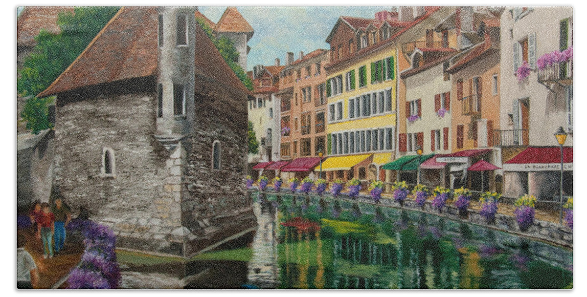 Annecy France Art Beach Towel featuring the painting Medieval Jail in Annecy by Charlotte Blanchard